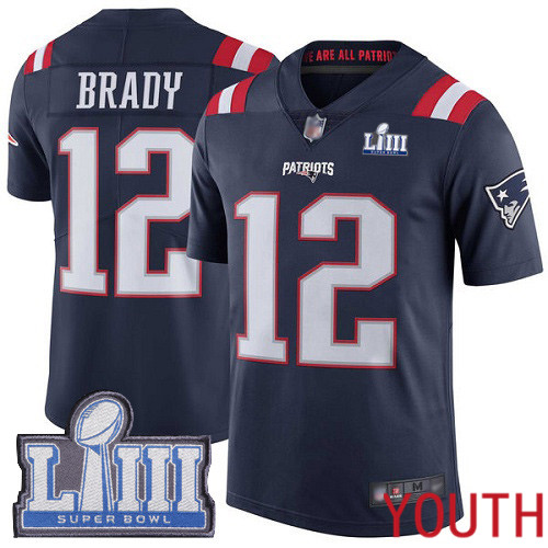 New England Patriots Football #12 Super Bowl LIII Bound Rush Limited Navy Blue Youth Tom Brady NFL Jersey->women nfl jersey->Women Jersey